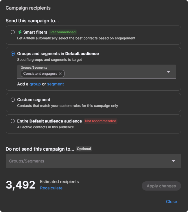 Campaign recipients dialog showing groups and segments selection