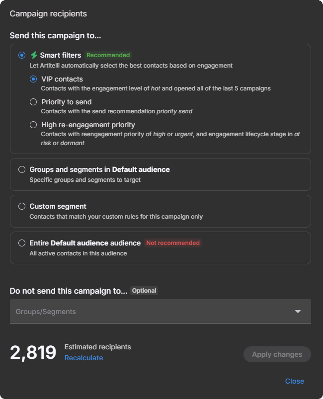 Campaign recipients dialog showing smart filters including VIP contacts, Priority to send, and High re engagement priority