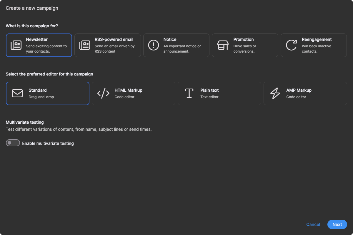 Create campaign – Step 1 (purpose, editor, and testing)