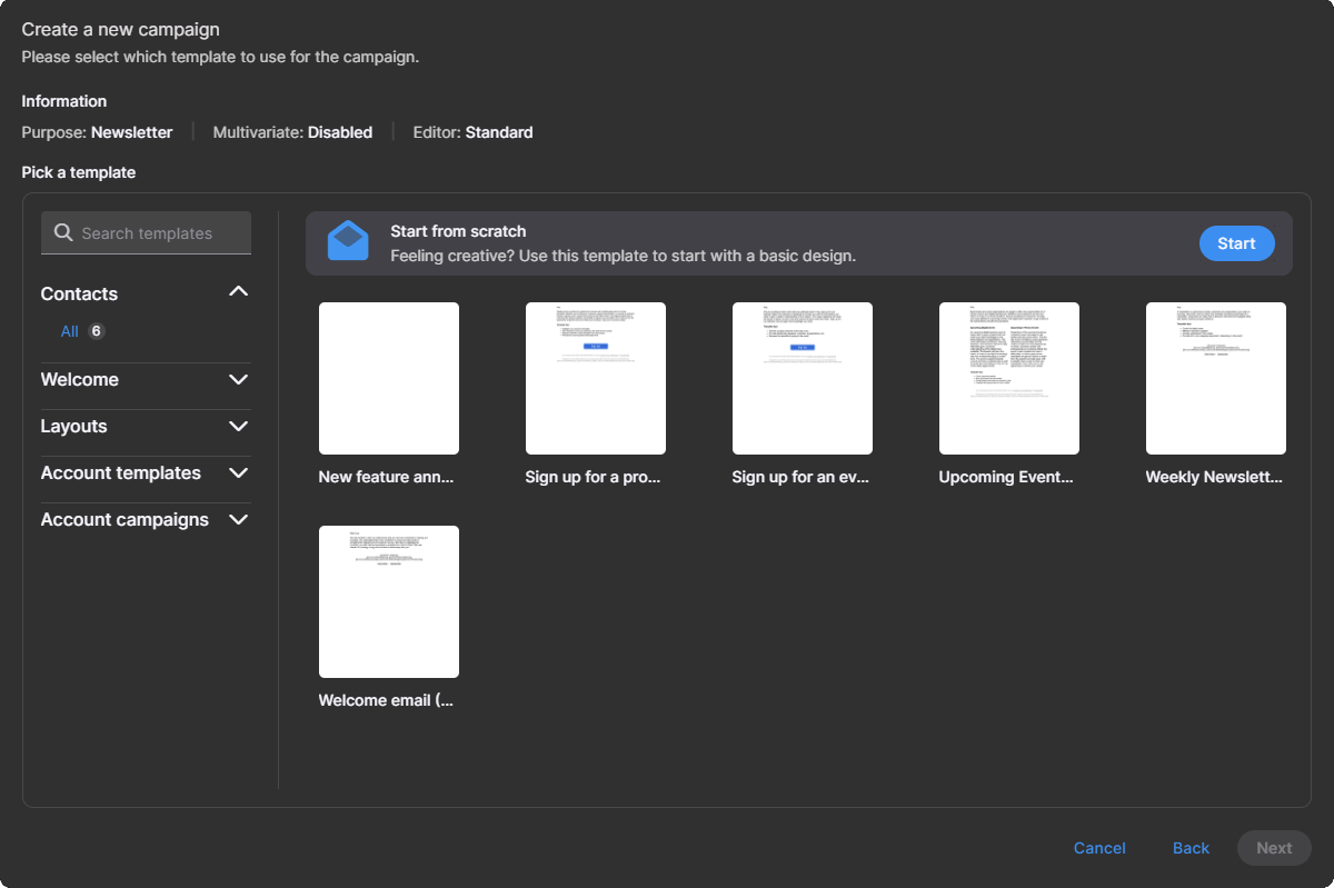Create campaign – Step 2 (template selection)