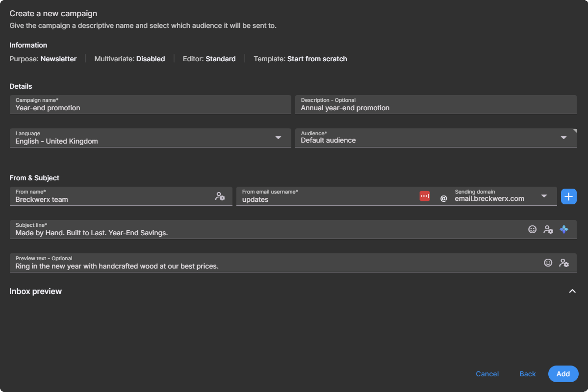 Create campaign – Step 3 (details, From settings, and inbox preview)