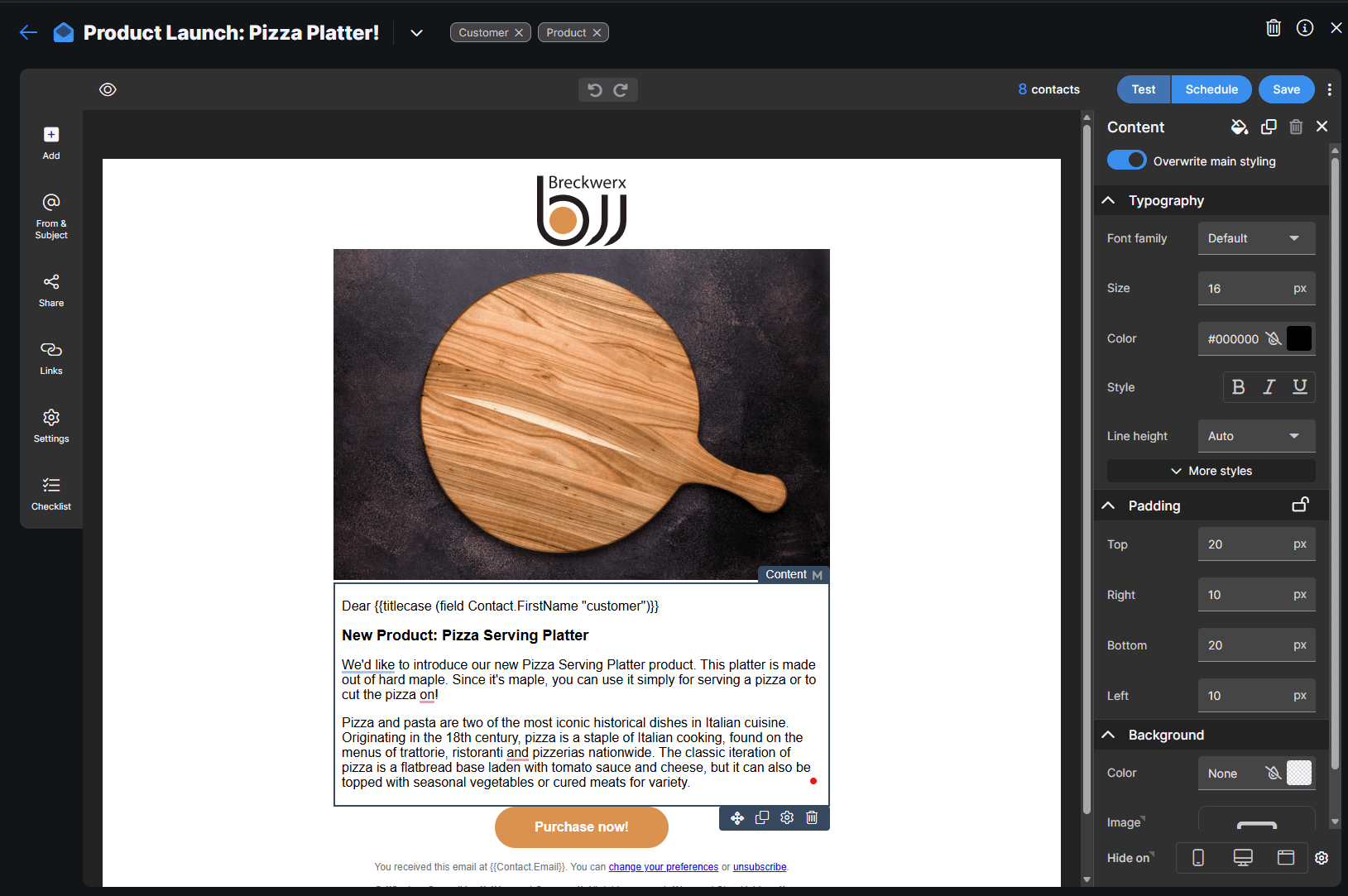Campaign editor with content and settings panel