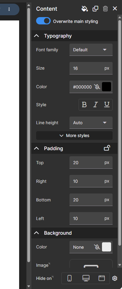 Element properties panel showing typography, padding, and background settings