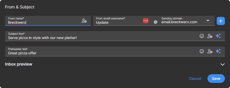 From and subject screen showing from name, from email, sending domain, subject line, and preheader