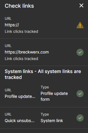 Link checker panel showing verified links and warning icons