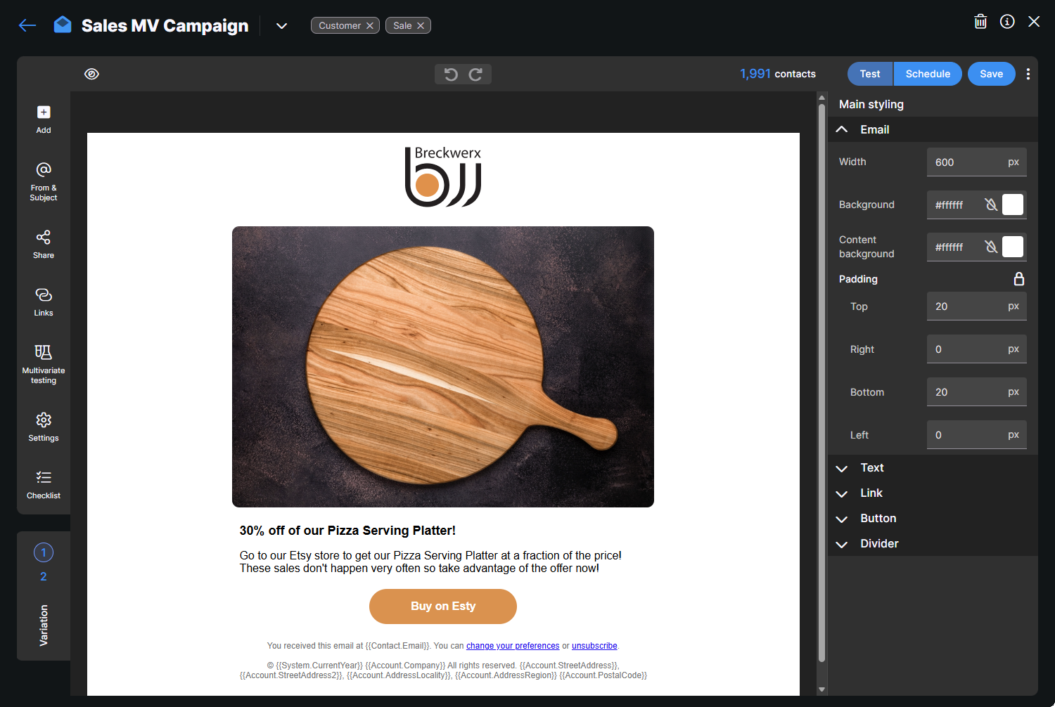Campaign editor showing the Multivariate testing icon in the left navigation and variation selector on the left