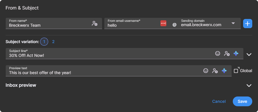 From and Subject dialog showing Subject variation selector and Global checkbox for preview text