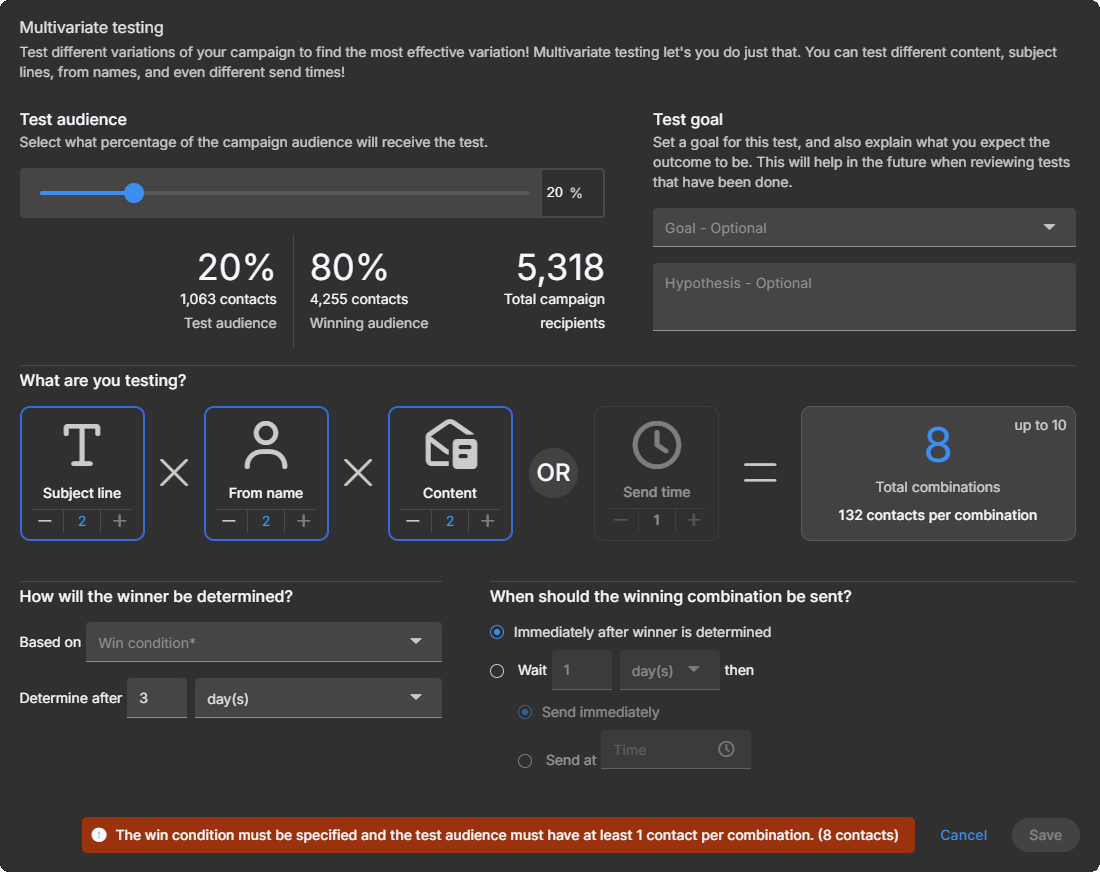 Multivariate testing settings showing test audience slider, what you are testing, win condition, and winner send timing