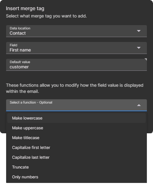 Personalization dialog showing data location, field, default value, and formatting functions