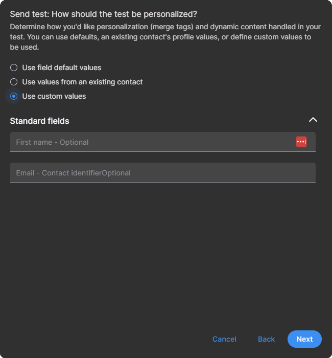 Send test dialog showing campaign preview and personalization options