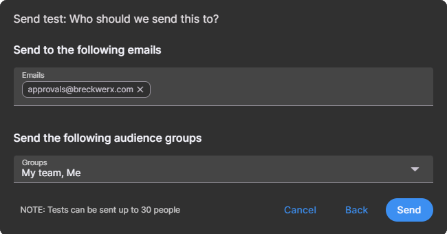 Send test dialog showing recipients, including emails and audience groups