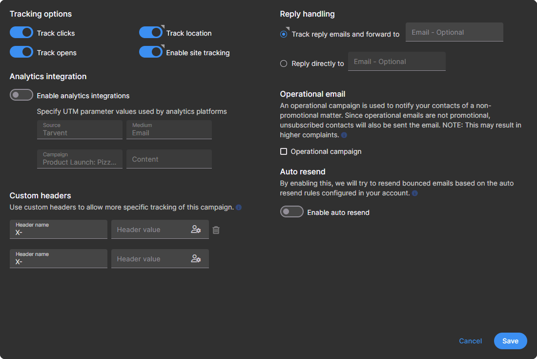 Campaign settings screen with tracking, analytics integration, custom headers, reply handling, and operational email options