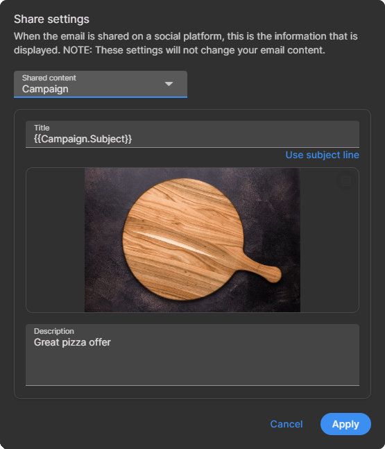 Share settings dialog showing title, image, and description fields