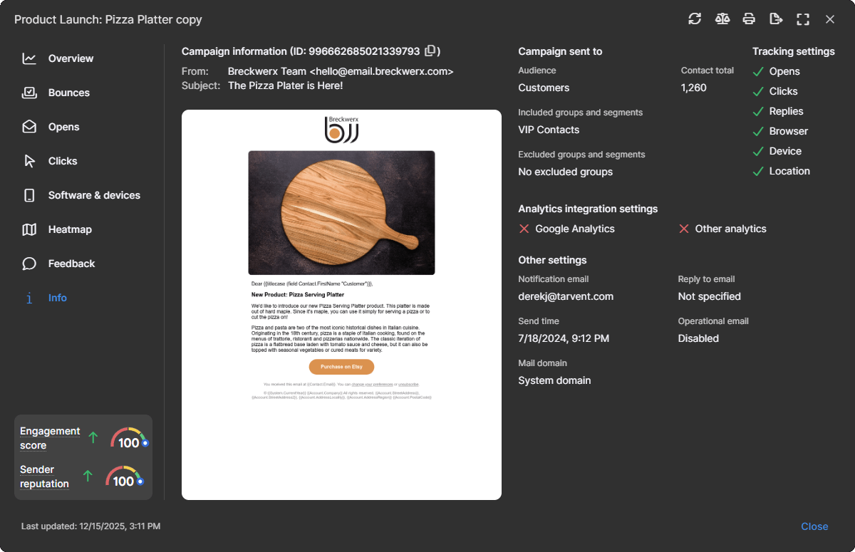 Campaign report info section showing settings and campaign details