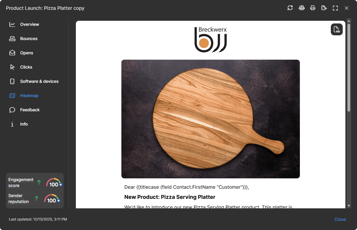 Campaign report heatmap overlay with PDF export icon