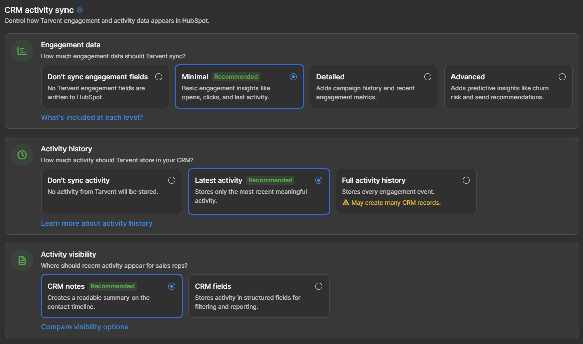 HubSpot engagement and activity settings